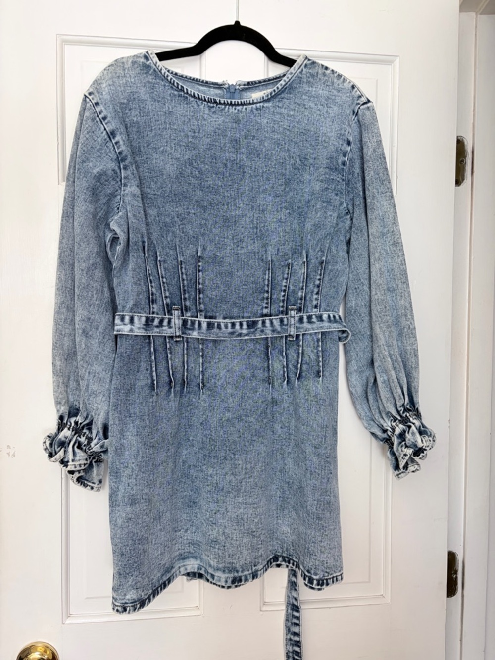 Redial EURO STYLE Washed Light Blue Denim Mini Dress with Tie Waist BUTTER SOFT